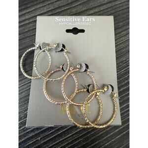 NWT MIXIT Hypoallergenic Sensitive Ears Silver, Bronze, and Gold Hoop Earrings